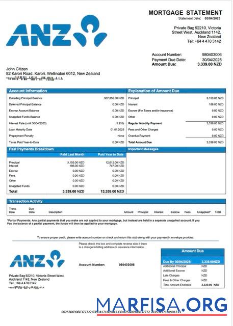 Downloadable New Zealand ANZ Bank mortgage statement Word and PDF template